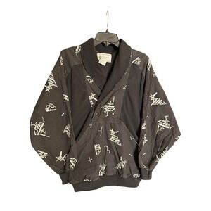 Vintage Organically Grown Women's Cotton Black Top Geometric Designs V-Neck